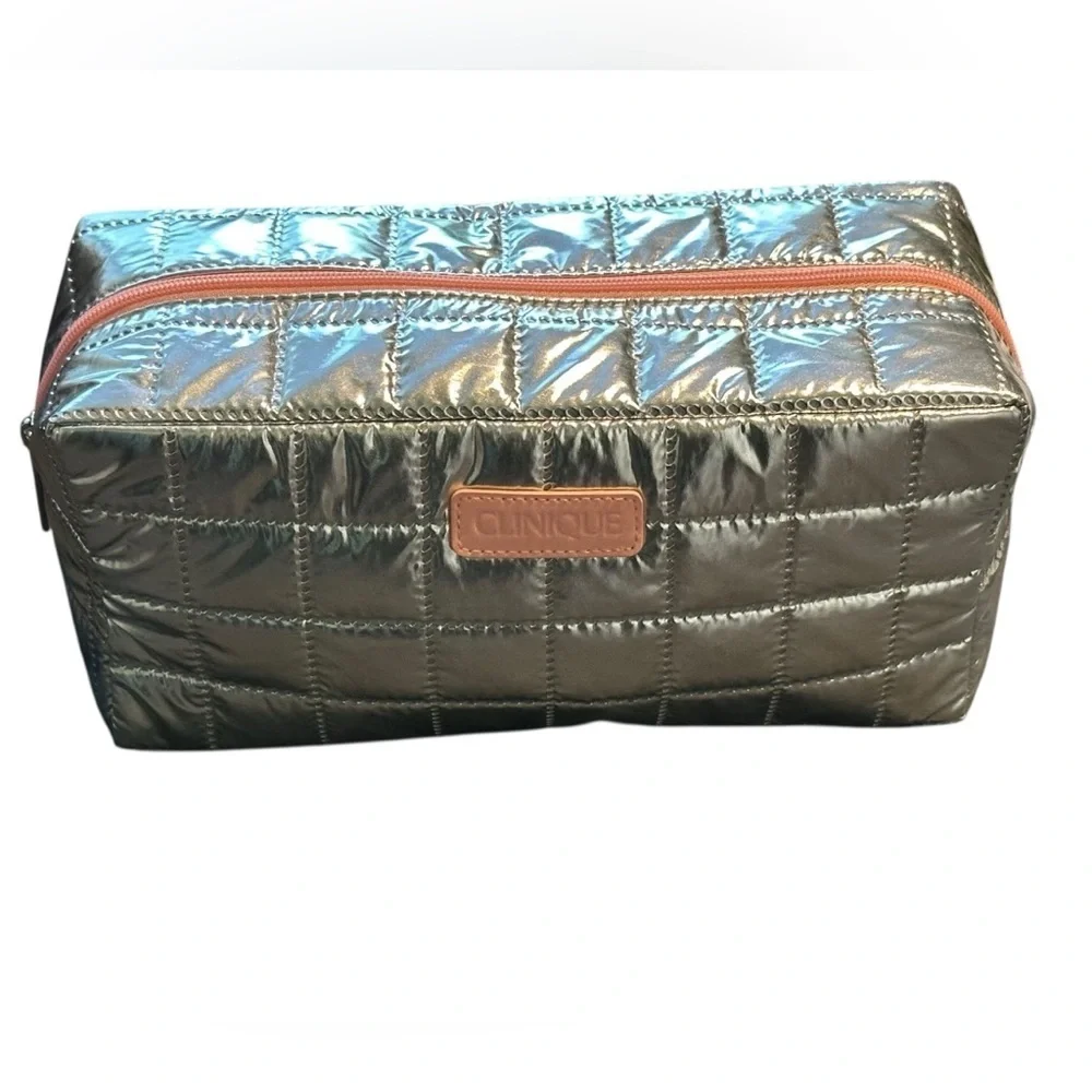Clinique Makeup Train Case Bag Silver Pink Zipper NWOT